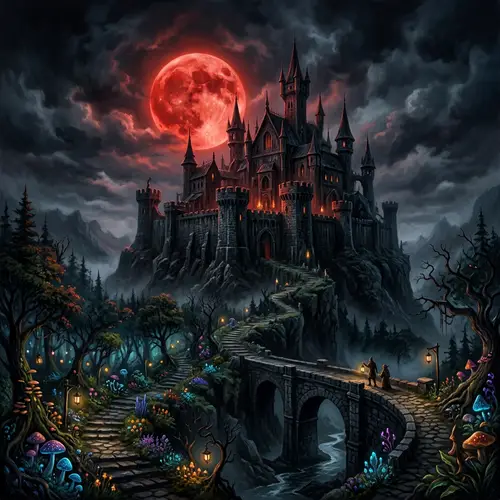 Dark Fantasy Castle & Blood Moon: Eerie Gothic Scene