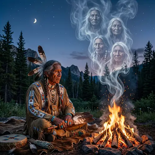 Indigenous American Shaman: Contemplation by Fire