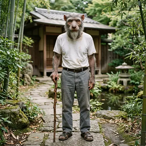 Men in White Tshirt Resembling Splinter in Ninja Turtles