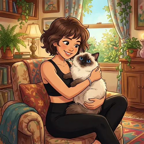 Colorful Animation-inspired Portrait of a Young Woman and Her Feline Companion