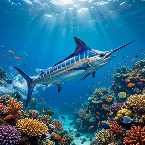 Striped Marlin: Azure Blue & Silver Tones Underwater Beauty