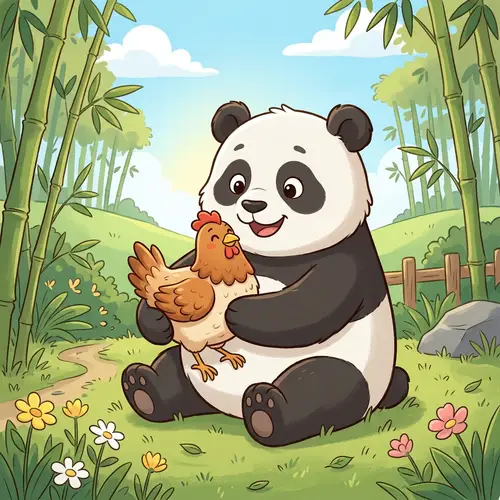 Cute Animated Panda Holding a Live Chicken