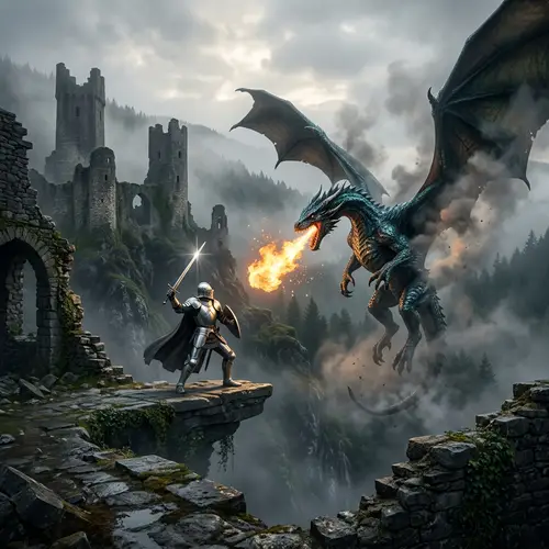 Legendary Battle Between Knight and Dragon on Misty Castle Ruins