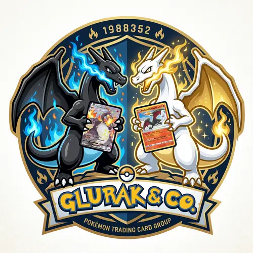 Logo Design with Two Gluraks Holding Pokémon Cards