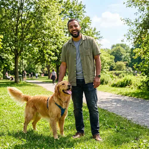 Cheerful Middle-Eastern Man with Golden Retriever in Sunny Park