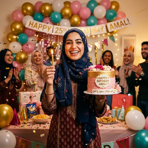 Middle Eastern Woman Celebrates Joyful Birthday with Traditional Hijab and Cake