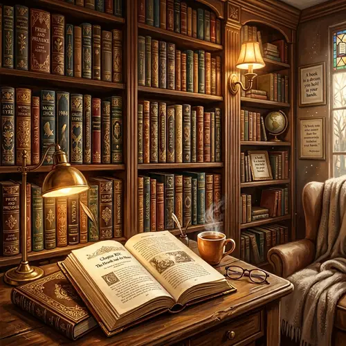 Elegant Bookshelf with Classic Literature Art