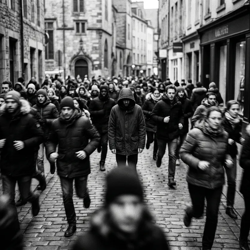 Mysterious Figure in Hood Surrounded by Blurry Crowd