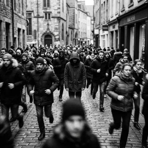 Mysterious Figure in Hood Surrounded by Blurry Crowd