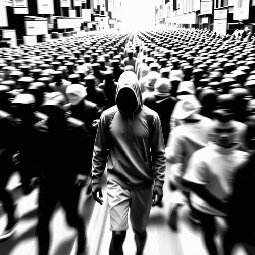 Mysterious Figure in Hood Surrounded by Blurry Crowd