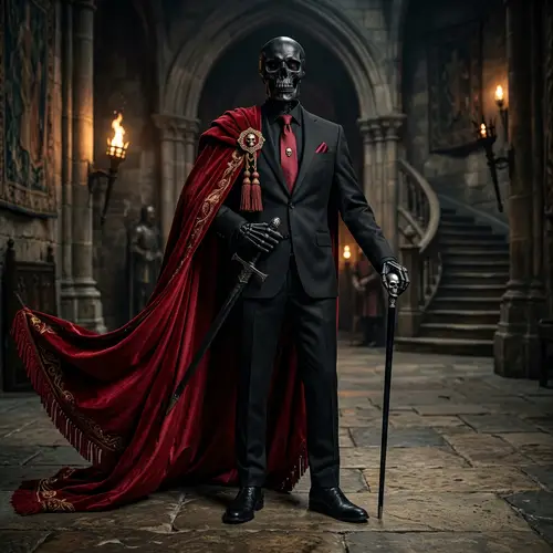 Black Skeleton in Red Cape and Suit Art