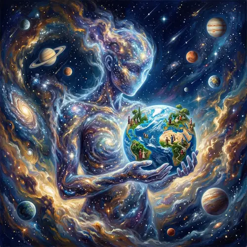 Cosmic Dust Humanoid Cradling Earth | Surreal Art