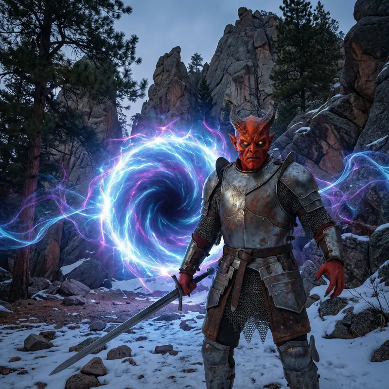 Medieval Warrior Demon at Magical Portal in Mountain Area