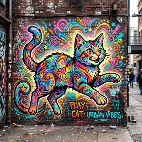 Colorful Street Art Graffiti Cat on Brick Wall