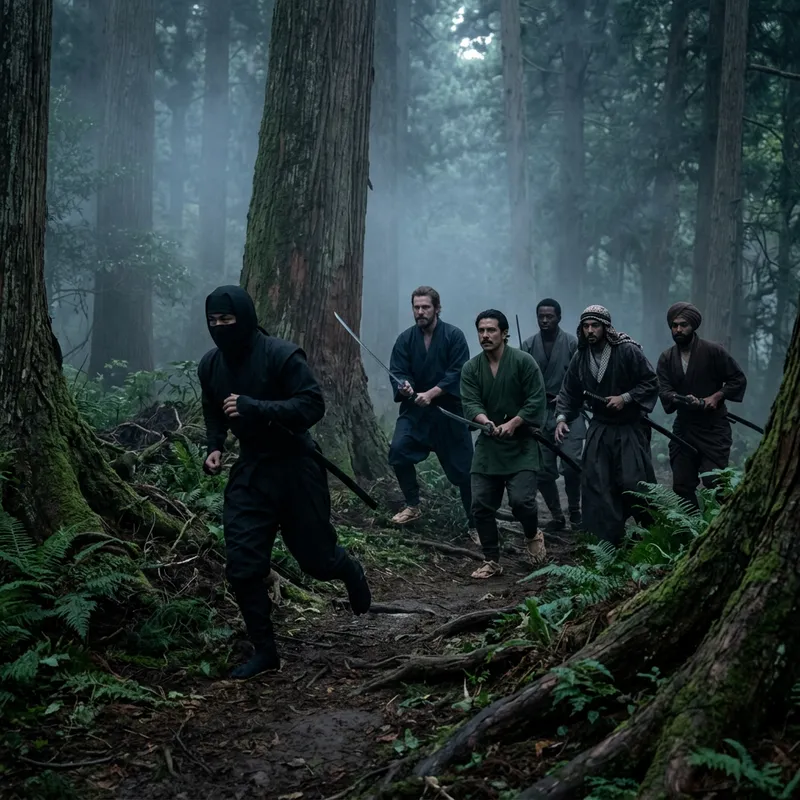 Ninja Evading Pursuers in Ancient Japanese Forest