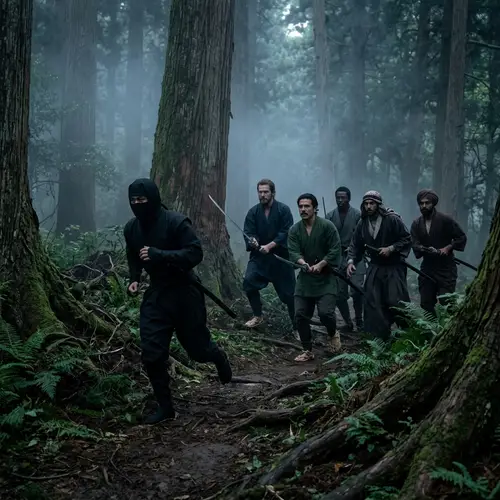 Stealthy Ninja Fleeing Through Ancient Japanese Forest