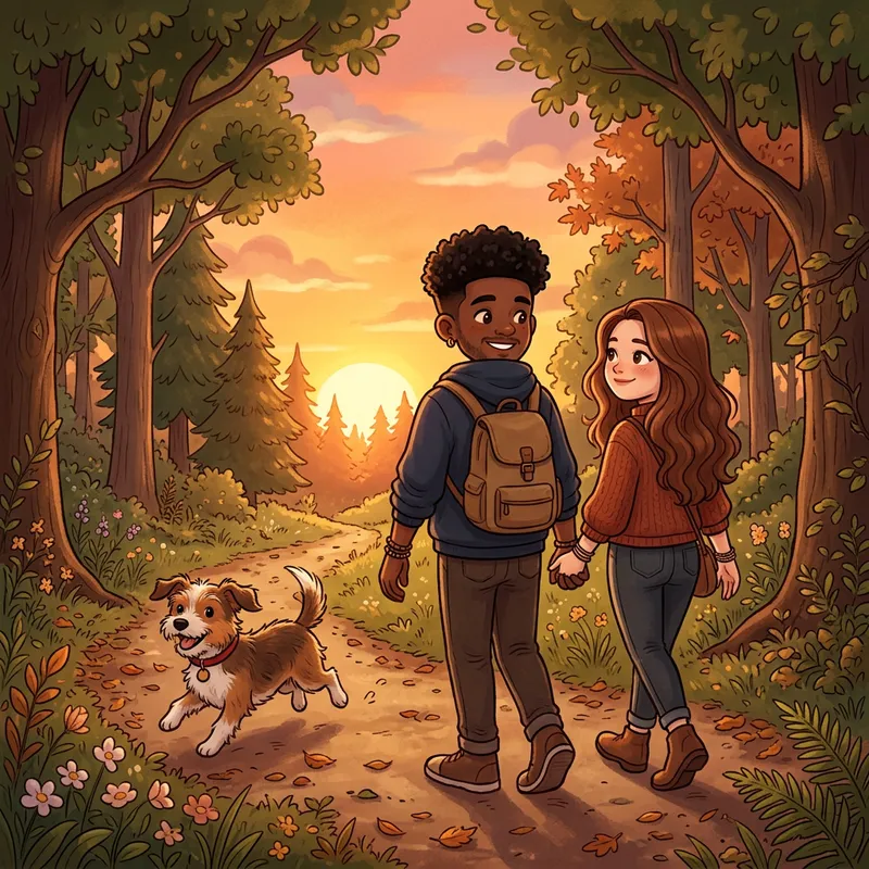 Mixed Race Couple at Sunset in Kawaii Style