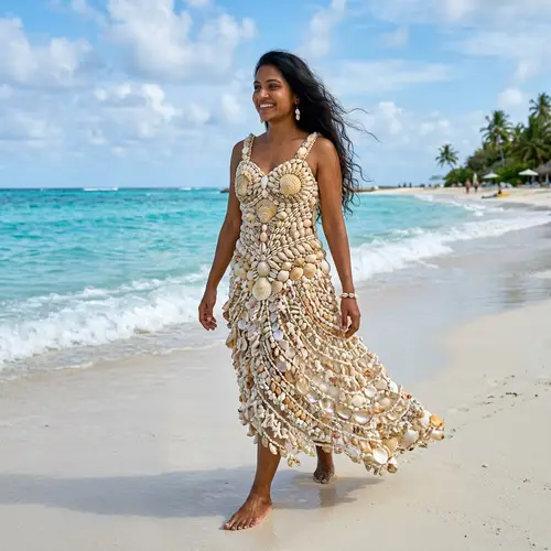 Unique Sea Shell Dress: South Asian Woman on Beach