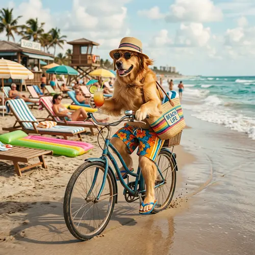 Fashionable Dog Cycling at Seaside Retreat with Vintage Vibe