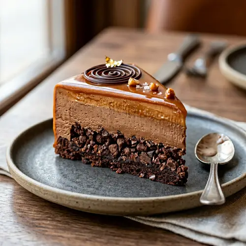 Gourmet Entremet Dessert Slice with Caramel Topping