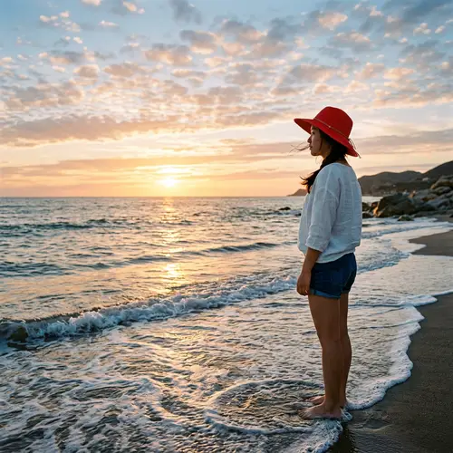 Asian Girl in Red Hat by the Sea | Sunset Beauty