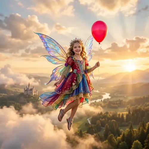 Enchanting Fairy with Red Balloon | Magical Sunlit Background