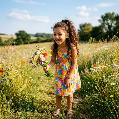 Charming Hispanic Girl Playing Outdoors with Wildflowers