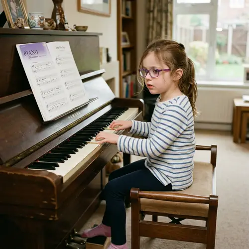 Young Girl Playing Piano with Purple Glasses | Focus & Concentration
