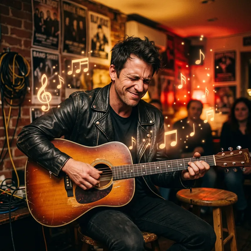 Passionate Acoustic Guitarist with Short Dark Hair in Black Leather Jacket
