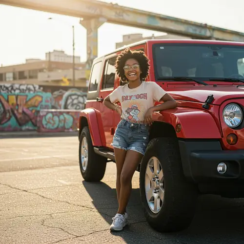 Black Girl with Glasses in a Red Jeep