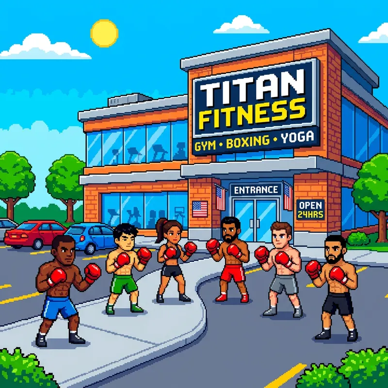 Modern 8-Bit Fitness Center with Red Boxers | Gym Training Scene