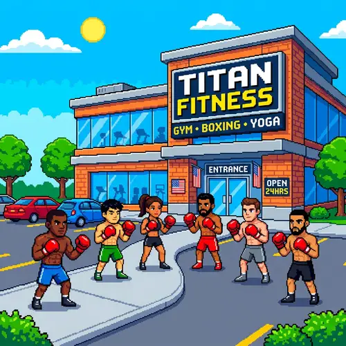 Modern 8-Bit Fitness Center with Red Boxers | Gym Training Scene