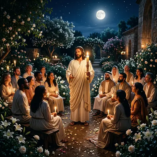 Easter Vigil: Jesus Illuminating Hope in Moonlit Garden