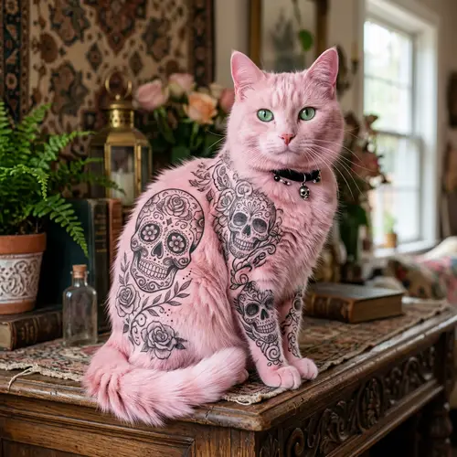 Beautiful Pink Cat with Skull Tattoos
