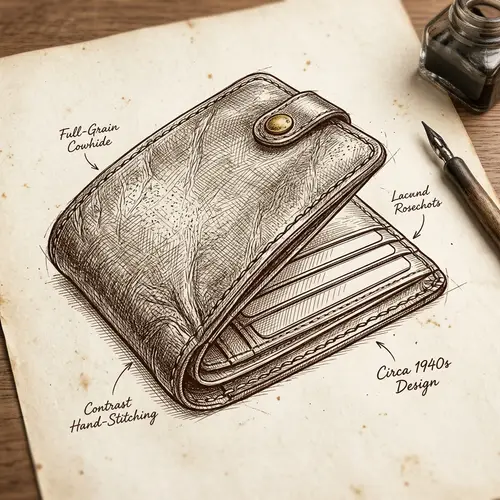 Vintage Men's Leather Wallet Sketch | Fine Pen & Ink Drawing