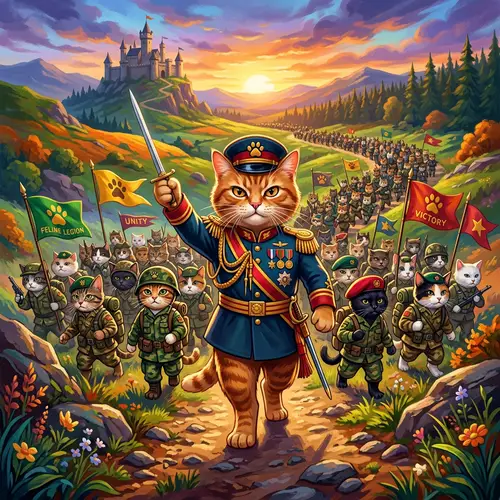 Colorful Ginger Shortbread Cat in Military Uniform Leading Cat Soldiers