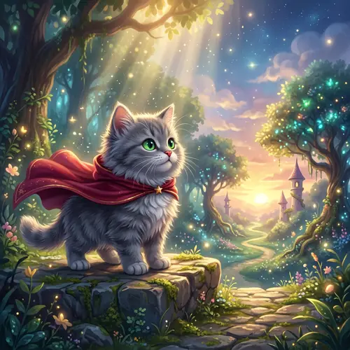 Cute Cat in Red Cape | Magical Illustration