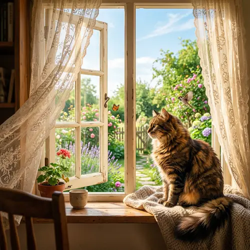 Fluffy Cat Enjoying Sunlight by Rustic Window | Serene Landscape View