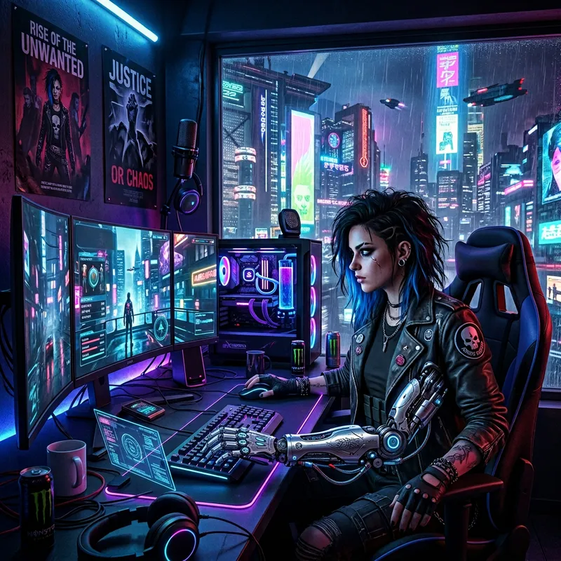Cyberpunk Style Photo: Jhony Silverhand Gaming with Computer Cyberpunk Style Photo: Jhony Silverhand Gaming with Computer