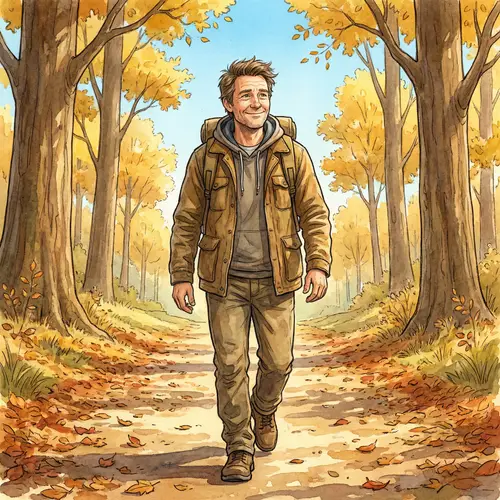 Serene Illustration of Athletic Man Walking Under Autumn Sky