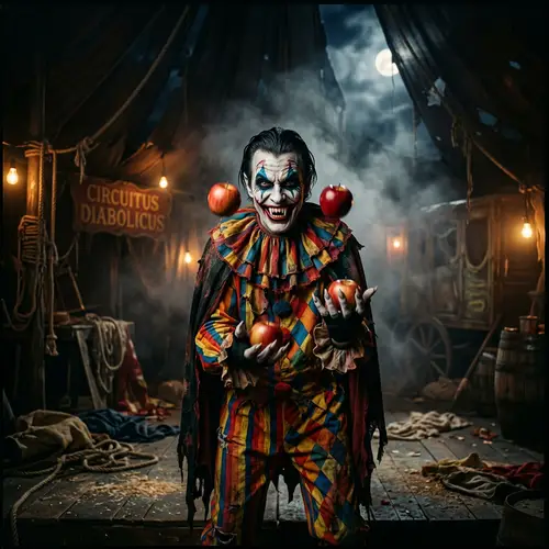 Sinister Vampire Clown in Classic Circus Tent | Haunting Scene