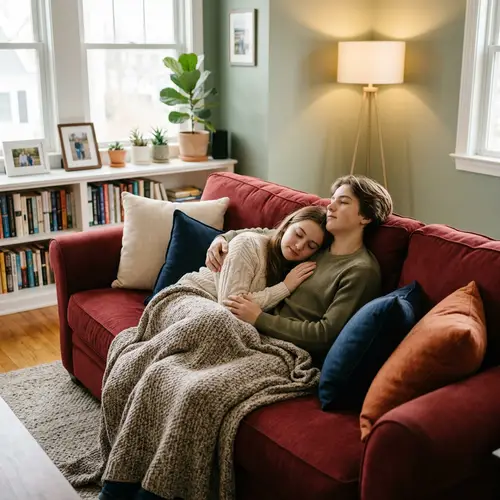Cozy Moments with Twin Siblings on a Red Couch
