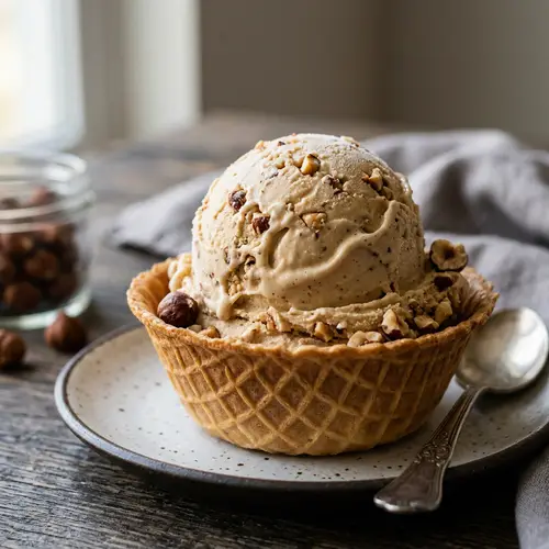 Artistic Hazelnut Ice Cream in Crisp Waffle Bowl