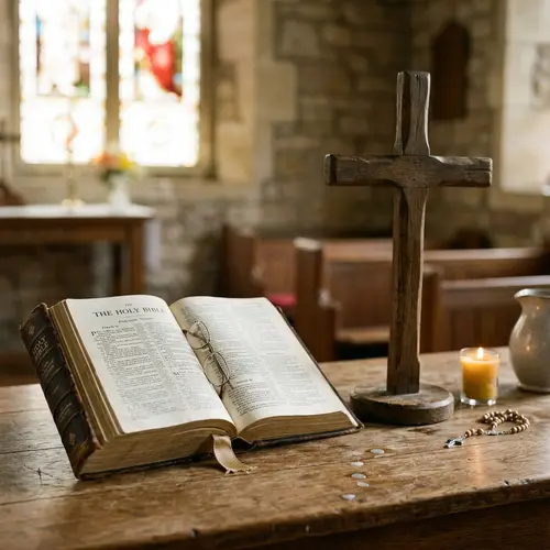 Open Bible Beside Cross: Faith and Reflection