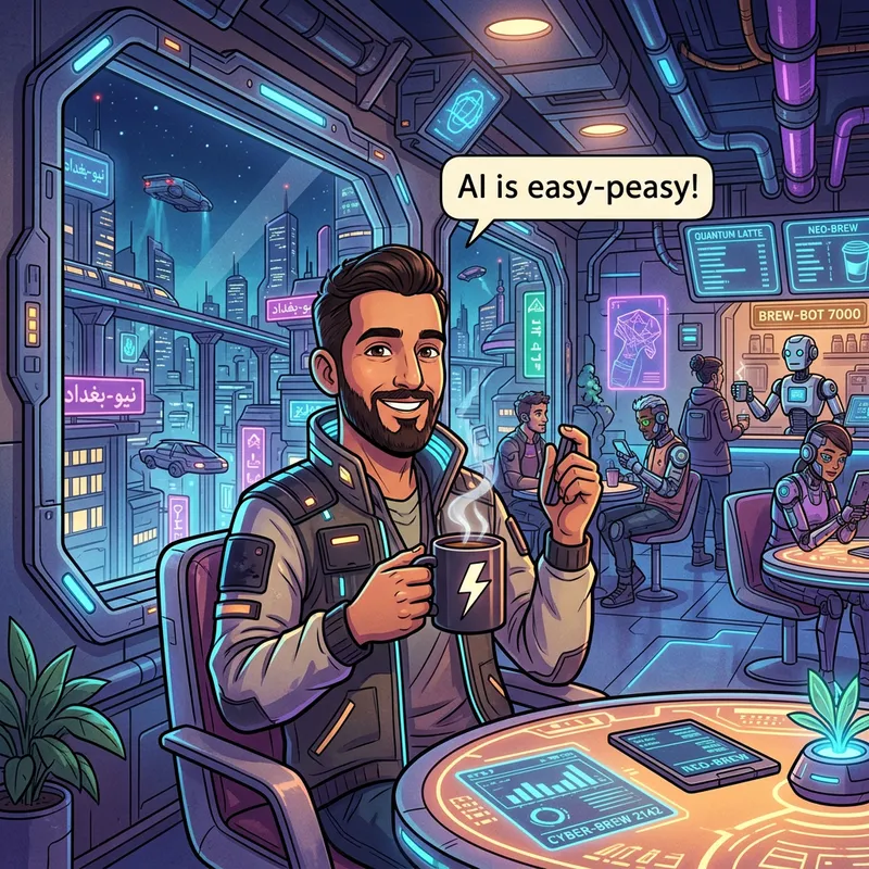 Sci-Fi Cartoon: Middle-Eastern Man with Lightning Bolt Coffee Mug in Futuristic Coffee Shop and 'AI is Easy-Peasy'
