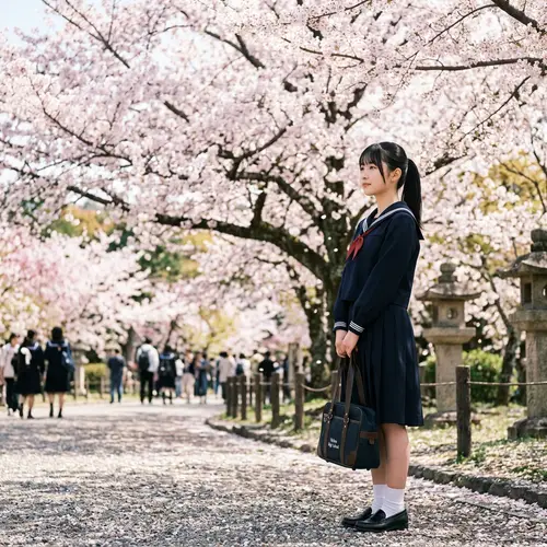 Japanese School Uniform Girl in Cherry Blossom Scene
