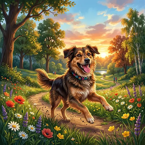 Joyful Medium-Sized Dog in Lush Park | Digital Illustration