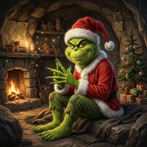 Mischievous Green Fur Character in Santa Claus Outfit