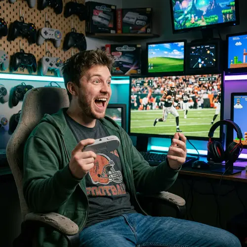 Enthusiastic Caucasian Gaming Influencer Playing NFL Game on PlayStation Console