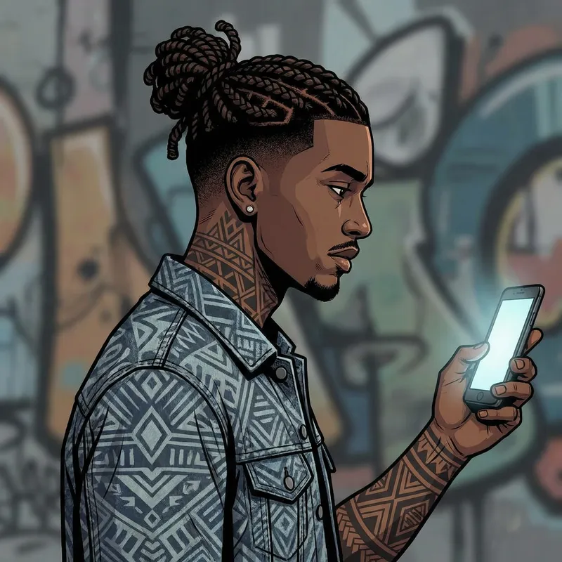 Stylized Dark-Skinned Male with Braids and Tattoos Holding Phone